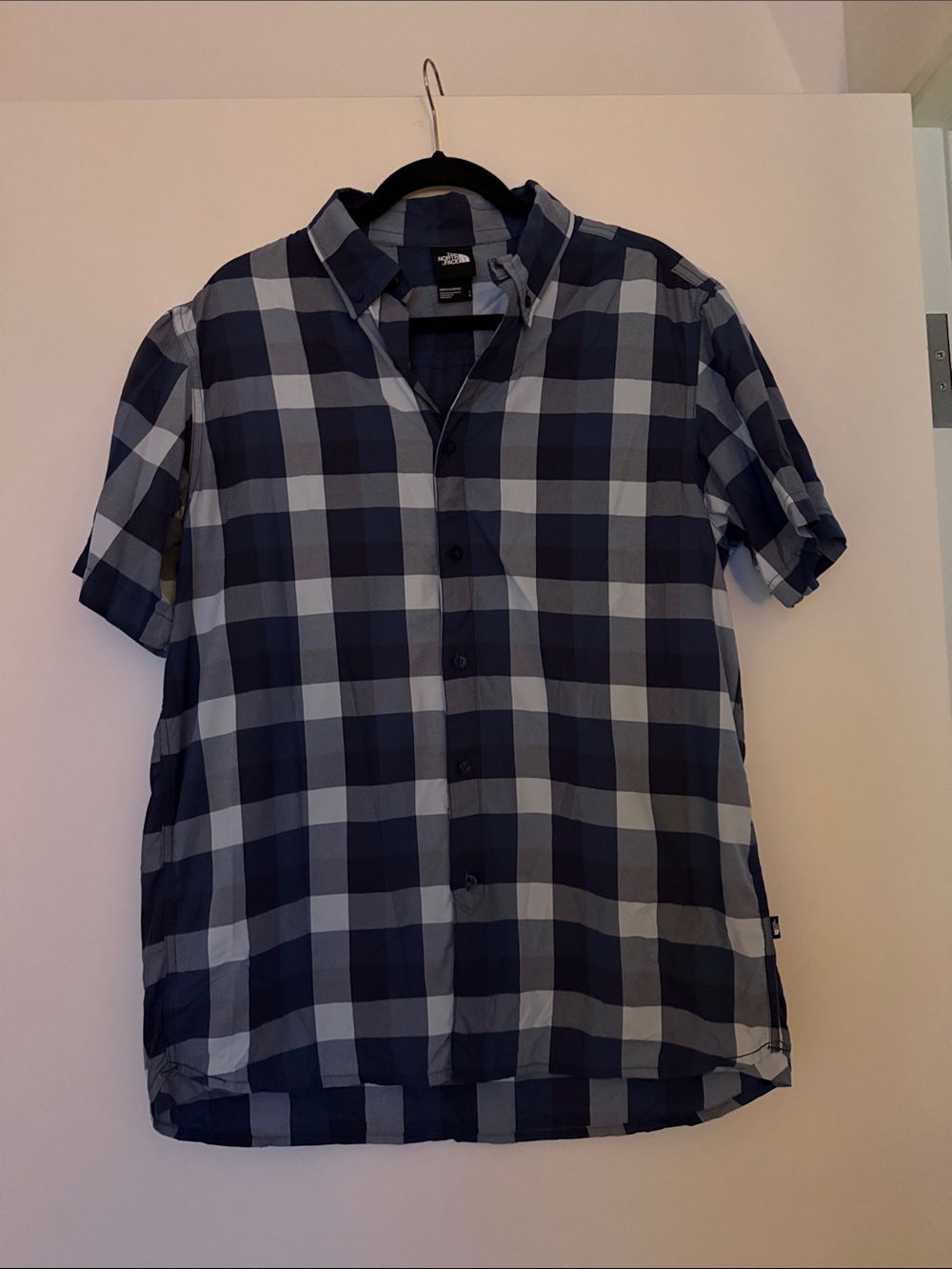 The North Face Men's Navy and Light Blue Plaid Short-Sleeve Button-Up